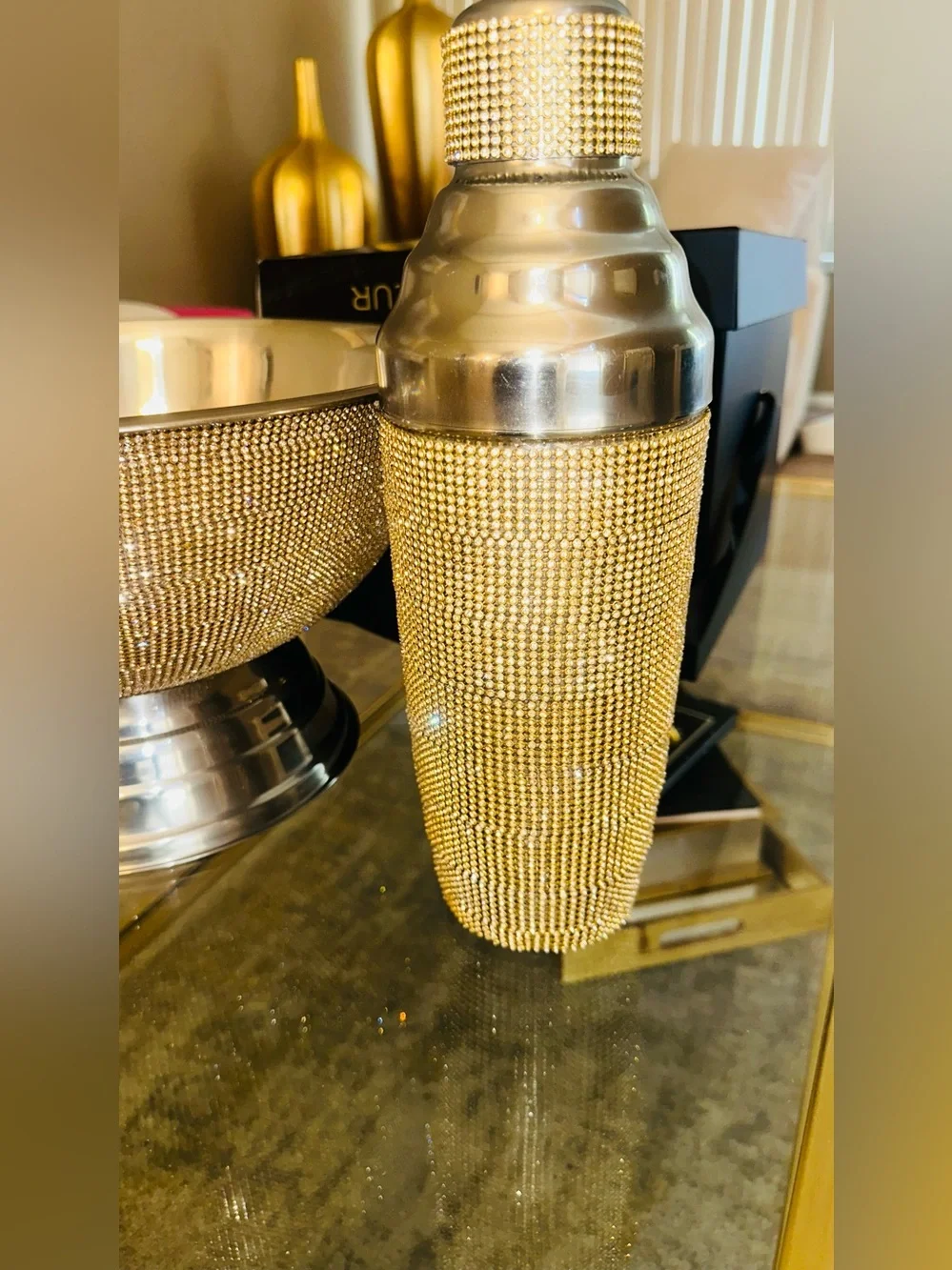 Cocktail party Set! Gold Rhinestone Champagne bucket, 4 Martini Glass & Shaker